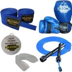 Leon Blade Training Boks, Kick Boks ve Muay Thai Eldiveni Atlama Ipi Dişlik ve Bandaj Seti 3,5 Metre - Mavi - 6 oz