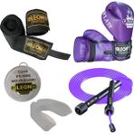 Leon Blade Training Boks, Kick Boks ve Muay Thai Eldiveni Atlama Ipi Dişlik ve Bandaj Seti 3,5 Metre - Mor - 10 oz