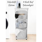 Leon Life Tekerlekli Geniş Raf 4 Katlı Banyo Rafı Çamaşır Sepeti - Gri