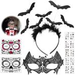 Leonshco 14 adet Cadılar Bayramı kostümü aksesuarı, tüylü yarasa, cadılar bayramı saç bandı, Venedik maskeli balo, maske, geçici dövme çıkartması, vampir saç bandı, karnaval, parti dekorasyonu