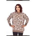 Leopar Desen Bisiklet Yaka Kazak, Yumoş Sakallı Triko Tesettür Kazak - Standart - Ekru - Kahverengi