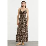 Leopar Desenli Askılı Uzun Elbise - Bej