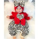 Leopar Desenli Fiyonklu % 100 Pamuk Kız Bebek Tulum - Kırmızı