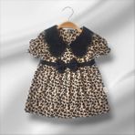 Leopar Desenli Kız Bebek Elbise Siyah Yakalı Fiyonk Detaylı Şık Günlük Elbise - 18 Ay - Leopar - Siyah