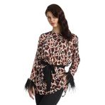 Leopar Desenli Kuş Tüyü Detaylı Saten Bluz – Şık ve Modern Tasarım, KAHVE, 40