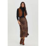 Leopar Desenli Midi Boy Saten Etek Taba