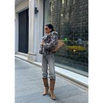 Leopar Desenli Suni Peluş Kürk Mont - Kahverengi - Açık Bej - 38