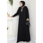 Leopar Detaylı Yarım Fermuarlı Elbise 1564 - Siyah - 42 - 44