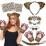 Leopar kostüm seti, 7 parçalı leopar kostümü, kadın, çocuk, leopar kulaklar, saç bandı, kuyruk, papyon, eldiven, leopar dövme, yüz, karnaval, orman kostümü, kostümlü oyun için