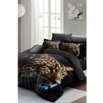 Leopar Lastikli Çarşaflı %100 Pamuk Saten Çift Kişilik Nevresim Takımı Leopard Face