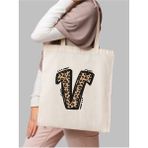 Leopar V Harfi Desenli, Y2 Pinterest Retro Bez Çanta Tote Bag, Hediye Çanta - 10D-Krem