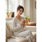 Leopar ve Çiçek Desenli Pamuklu Penye Kumaş Pijama Takımı - Ekru - XL