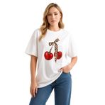 Leopard Cherry Oversize Kadın Tişört Beyaz Kiraz ve Leopar Fiyonk Baskılı%100 Pamuk (CheeryOversizeM)