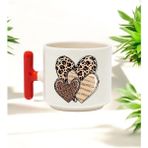 Leoparlı Kalp Tasarımlı Kırmızı T Kulplu Seramik Baskılı Kupa Bardak 250 ml - 010 - Beyaz