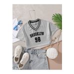 LePold Kız Çocuk Yaka Detaylı Brooklyn V Yaka Baskılı T-shirt Crop Bluz