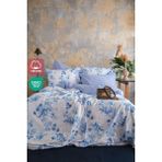 Leruum London Sevilla Mavi %100 Pamuk Battal Boy Nevresim ve 2 Adet Yastık Kılıfı Seti Mavi Çiçekli ve Çizgili - 240 x 220 cm