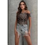 Lesa Wear Leopar Desenli Soft Touch Kayıkçı Yaka Basic Crop Bluz