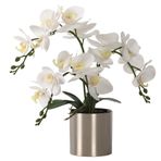 LESING Vazolu Yapay Orkide Çiçeği, Beyaz Orkide Bonsai Sahte Orkide Phalaenopsis Ev Dekorasyonu için Bitki Saksı Düzenlemeleri (Beyaz, Gümüş Vazo)