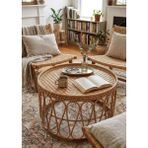 Lessio Home Malibu El Işçiliği Gerçek Rattan (Bambu) Yuvarlak Orta & Yan Sehpa - Bohem Iskandinav Tasarım - 83x45 cm