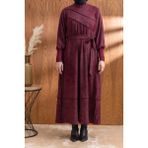 Letafet Kolları ve Yakası Ribanalı Elbise - Bordo - 46