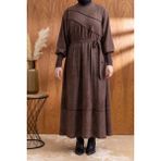 Letafet Kolları ve Yakası Ribanalı Elbise - Kahve - 50