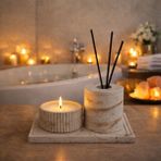 Lethe Studio Design Dekoratif Lüx Beton Dekoratif Seti Difüzör Kabı, Soya Mum, Tepsi (Koku ve Çubuklar Hariç) Banyo, Salon, Yatak Odası Aksesuar - Traverten