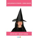Letsii Çocuk Boy Siyah Cadı Şapkası ve Uzun Siyah Cadı Peruğu