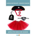 Letsii Kız Çocuk Korsan Kostümü Parlak Kırmızı Etek, Şapka, Kanca ve Göz Maskesi ile Eğlenceli Set