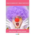 Letsii Mor Renk Kıvırcık Afro Bonus Peruk ve Kırmızı Burun