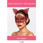 Letsii Romantik Kırmızı Dantel Maske Kedi Kulaklı Taç Seti
