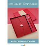 Letsii Şık Kırmızı Deri Defter Metal Roller Kalem Hediye Seti - Çok Renkli - Defter & Ajanda