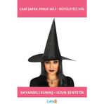 Letsii Yetişkin Boy Siyah Cadı Şapkası ve Uzun Siyah Cadı Peruğu