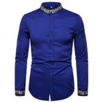 Letuwj Erkek Gömleği İnce İş Moda Düz Renk Nakışlı Henry Yaka Uzun Kollu Gömlek, mavi (Royal Blau), L