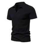 Letuwj Henley kısa kollu erkek fitness tişörtü nefes alabilen streç, siyah, 3XL
