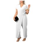 Letuwj Kadınlar için V Yaka Kravat Bel ile Casual Katı Renk Tulum, Beyaz Kısa kollu, 3XL