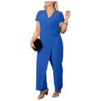 Letuwj Kadınlar için V Yaka Kravat Bel ile Casual Katı Renk Tulum, Mavi Kısa Kollu, 3X-Large