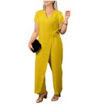 Letuwj Kadınlar için V Yaka Kravat Bel ile Casual Katı Renk Tulum, Sarı Kısa kollu, 3XL