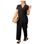 Letuwj Kadınlar için V Yaka Kravat Bel ile Casual Katı Renk Tulum, Siyah Kısa Kollu, X-Large