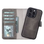 Lev Leather iPhone 14 Pro ile uyumlu Hakiki Deri Cüzdan Kılıf - Kart Yuvalı, Tam Koruma, MagSafe Uyumlu, RFID Korumalı, Stantlı, Güçlü Manyetik Kapama - Üniseks (Gri)