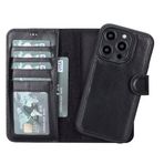 Lev Leather iPhone 14 Pro ile uyumlu Hakiki Deri Cüzdan Kılıf - Kart Yuvalı, Tam Koruma, MagSafe Uyumlu, RFID Korumalı, Stantlı, Güçlü Manyetik Kapama - Üniseks (Rustik Siyah)