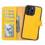 Lev Leather iPhone 14 Pro Max ile uyumlu Hakiki Deri Cüzdan Kılıf - Kart Yuvalı, Tam Koruma, MagSafe Uyumlu, RFID Korumalı, Stantlı, Güçlü Manyetik Kapama - Üniseks (Sarı)