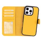 Lev Leather iPhone 16 Pro ile uyumlu Hakiki Deri Cüzdan Kılıf - Kart Yuvalı, Tam Koruma, MagSafe Uyumlu, RFID Korumalı, Stantlı, Güçlü Manyetik Kapama - Üniseks (Sarı)