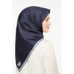 levidor Kenar Çizgili Twill İpek Eşarp, Tek Ebat, Twill İpek Eşarp, Lacivert, Kadın