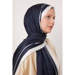 Levidor Lacivert-Beyaz-Kırmızı Şerit Detay Monogram İpek Şal