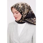 levidor Siyah-Gold Varak Desenli Twill İpek Eşarp, 90x90, LVD.IPE.0845, Siyah-Gold, Kadın