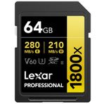 Lexar LSD1800064G-BNNNG 64GB SD Professional 1800x SDXC UHS-II Card 280MB/s Okuma 210MB/s Yazma C10 V60 U3 Kart Bellek