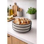 LEYA HOME Yuvarlak Eskitme Siyah Metal Beyaz Hasır Örme Lüks Ekmek Sepeti 10x21