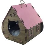Leyan Ahşap Dekoratif Minderli Kedi Evi/yatağı Hobbit Model ATL-KD1001 - Pembe