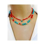 Leyla Turkuaz Kırmızı Kristal Nazar Ve Kalp Uçlu Yaz Stili Kolye Seti