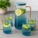 Leylart Borosilikat Cam Gold Saplı Sürahi 1300 ml 4 Bardaklı Mavi - 1 lt